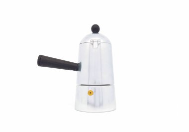 Moka pot İtalyan kahve makinesi, beyaz arka planda fotokopi alanı ile izole edilmiş. Moka Kahve. Yan görünüm.