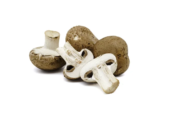 Set Fresh Whole Sliced Champignon Mushrooms Isolated White Background — Stock Photo, Image