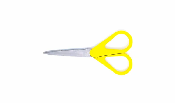 Scissors Yellow Handle Isolated White Background Copy Space Top View — Stock Photo, Image