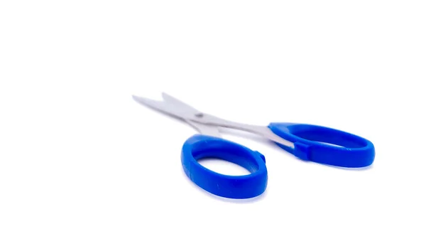 Ножиці Синьою Ручкою Ізольовані Білому Тлі Копіювальним Простором Вид Збоку — стокове фото