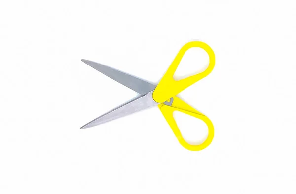 Scissors Yellow Handle Isolated White Background Copy Space Selective Focus — Stock Photo, Image