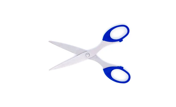 Scissors Blue Handle Isolated White Background Copy Space Selective Focus — Stock Photo, Image