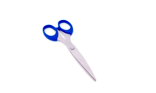 Ножиці Синьою Ручкою Ізольовані Білому Тлі Копіювальним Простором — стокове фото