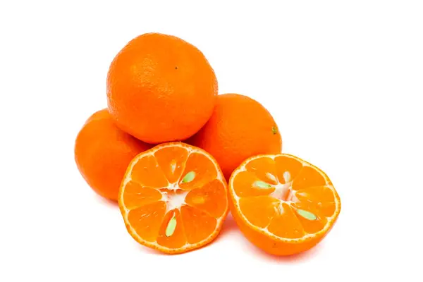 Cut Whole Fresh Ripe Oranges Isolated White Background Copy Space — Stock Photo, Image