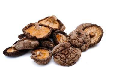 Kurutulmuş Shiitake Mantarı, beyaz arka planda fotokopi alanı ile izole edilmiş. Yakın çekim görünümü.
