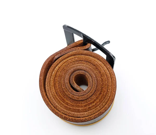 Worn Dark Brown Mens Leather Belt Metal Buckle White Background — Stock Photo, Image