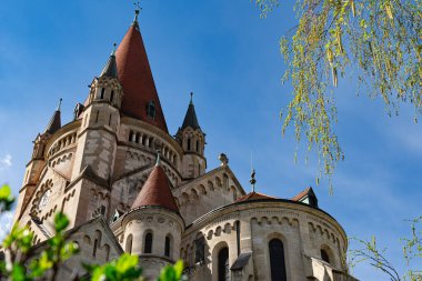 St. Francis Assisi Kilisesi 'nin arka kulelerinin, kırmızı kiremit şeklindeki çatıları ve açık mavi gökyüzünün altında parlayan karmaşık taş mimarisi ile çerçevelenmiş çarpıcı bir görüntüsü..