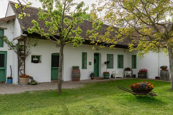 Çiçekler, ağaçlar ve kırsal dekor ile çevrili beyaz duvarları ve yeşil kapıları ile büyüleyici kır evi, huzurlu bir kırsal yaşam tarzını ve rahat bir çiftlik ortamını çağrıştırıyor.