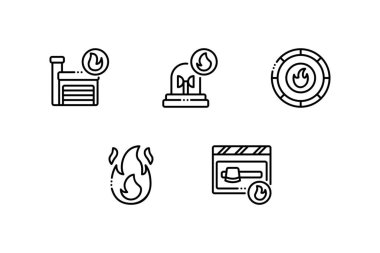 İtfaiye merkezi, alarm, rozet, alev, balta dahil olmak üzere itfaiyeci ikonu seti. Vektör illüstrasyonu