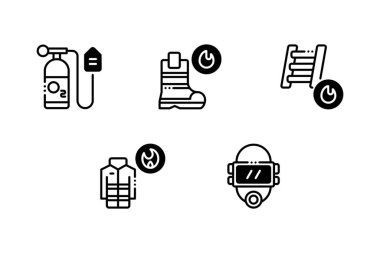 İtfaiye merkezi, alarm, rozet, alev, balta dahil olmak üzere itfaiyeci ikonu seti. Vektör illüstrasyonu