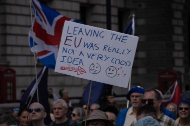 Birleşik Krallık, Londra, 2023 / 09 / 23 - Londra şehir merkezinde gösteri, Avrupa Birliği Brexit karşıtı gösteri, sokakta yürüyen protestocular, Brexit 'i protesto eden İngilizler