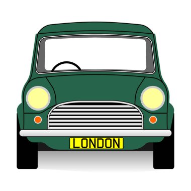 Small British racing green car over white background