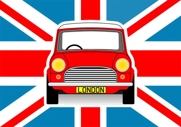 Mały Czerwony Samochód Tle Brytyjskiej Flagi — Wektor stockowy