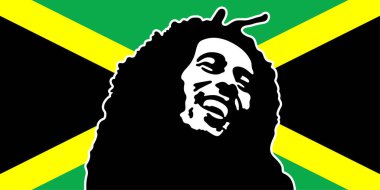 Jamaika bayrağı üzerinde Bob Marley 'in şablon portresi