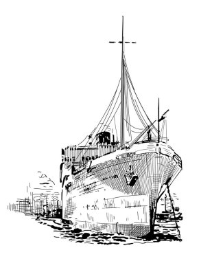 Büyük kargo gemisi siyah beyaz grafik