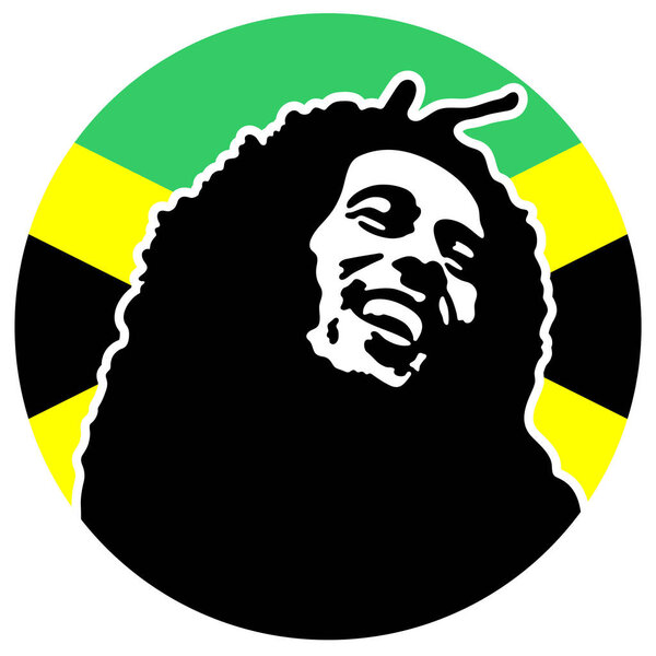 Bob Marley stencil portrait over flag of Jamaica. Round sticker or badge