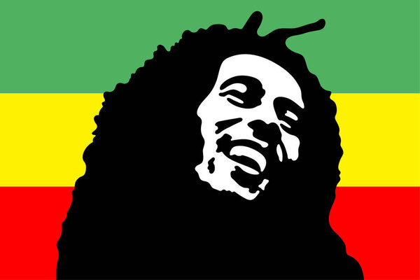 Bob Marley stencil portrait over flag of Ethiopia