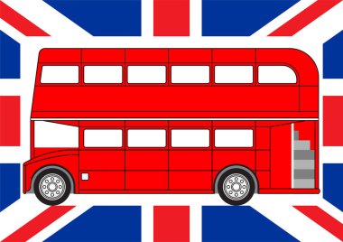 İngiliz bayrak arkaplanı üzerinde çift katlı kırmızı otobüs