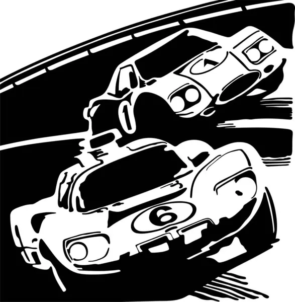 Eski yarış arabalarının siyah beyaz çizimi