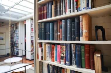 kitaplarla ve raflarla dolu bir kitaplık.