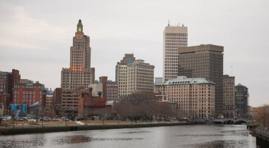 boston, massachusetts. Boston şehrinin alacakaranlıkta ufuk çizgisi