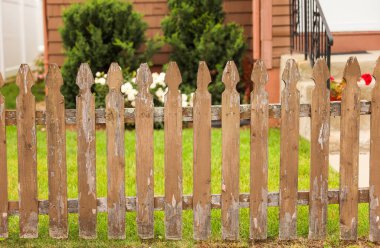 Bahçede dekoratif beyaz çiçekli ahşap çitler, yakın plan.