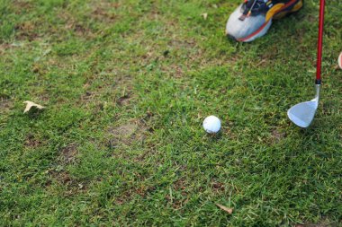 Golf topuyla golf topu ve sabah yeşil çimlerle