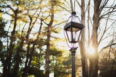 İlkbaharda gün batımında parkta fener.
