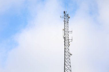 mavi gökyüzü arkaplanlı mobil iletişim kulesi.