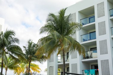 Miami plajı, Florida, ABD - Mayıs 2302 18: Palmiye ağaçları ve mavi gökyüzü arka planlı lüks bir bina