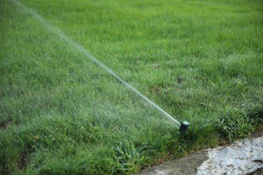 Bahçede çimenleri sulayan fıskiyeler