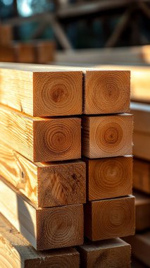 Kütük yığınının içindeki ahşap tahtalar, istiflenmiş. İnşaat ve inşaat kavramı