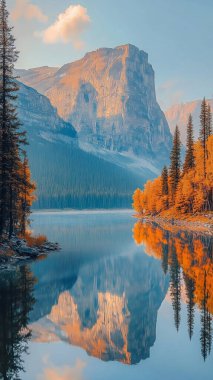 Renkli ağaçlar ve dağlarla dolu güzel sonbahar manzarası