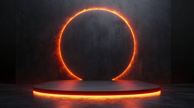 dark empty space with neon circle on dark background, 3 d render illustration. computer abstract background.