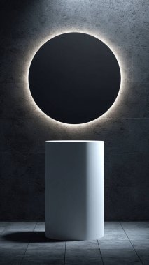 modern dark concrete room with round lamp. 3 d render.