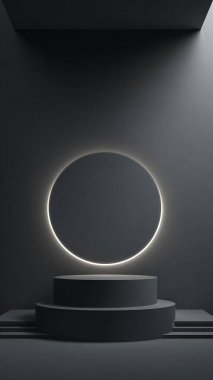 empty dark room with round podium. 3 d rendering.