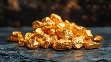 gold nuggets on dark background with copy space. business concept
