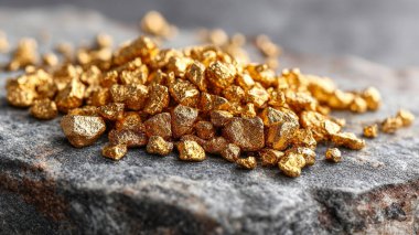 heap of gold nuggets on stone background, close view