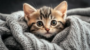 Gri arka planda sevimli tekir kedi yavrusu, tüylü hayvan..