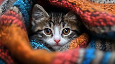 Mavi arka planda ekose örülmüş şirin bir kedi..