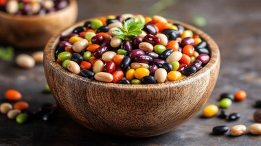 Tahta masada çiğ fasulye kasesi.