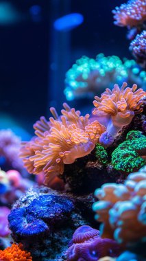 Mavi suda balıklı mercan. deniz teması