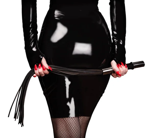 Rear View Woman Blacck Latex Dress Holding Whip — Stock Photo, Image