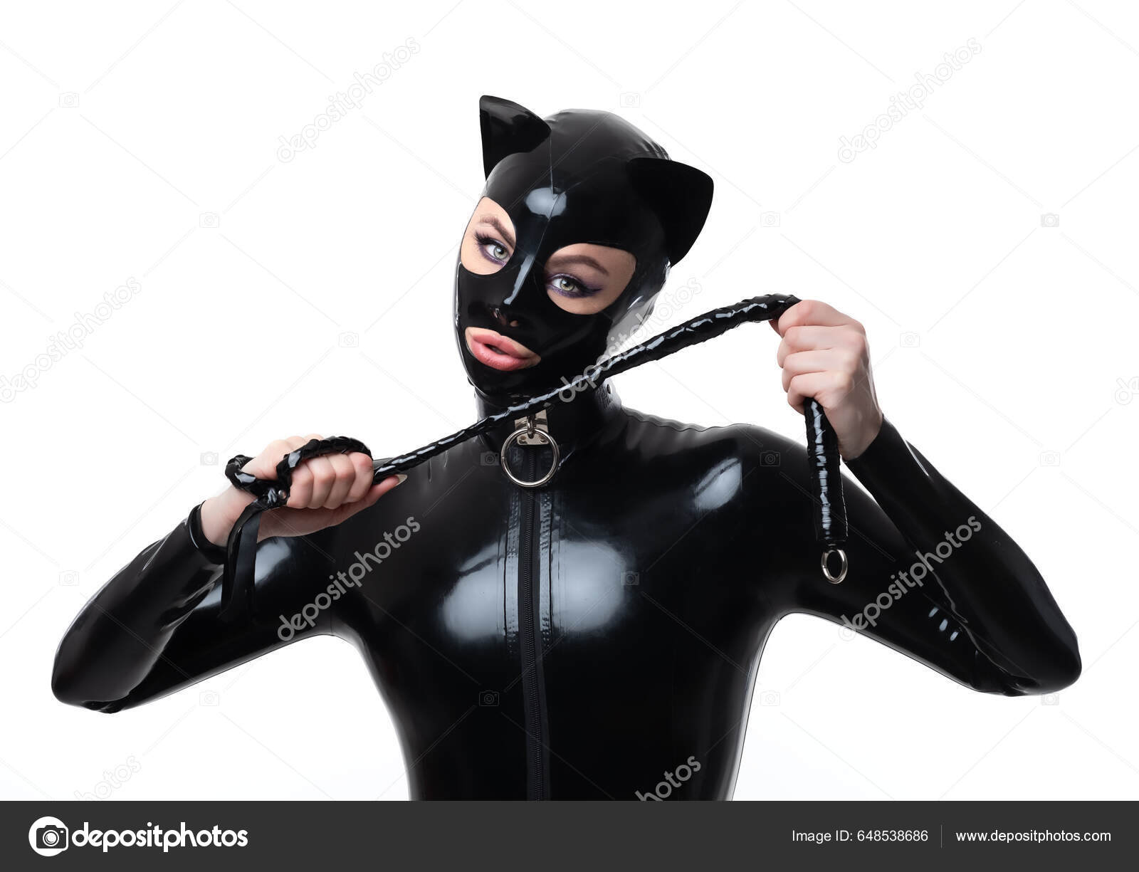 Hermosa Mujer Traje Gato Látex Con Máscara Cuello: fotografía de stock ©  flashpro16 #648538686 | Depositphotos