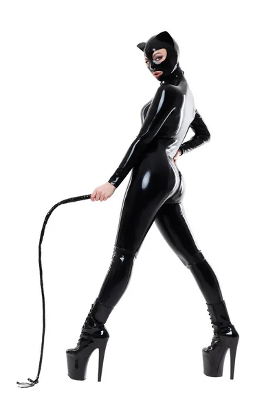 Beautiful Woman Latex Catsuit Mask Collar Whip — Stock Photo, Image