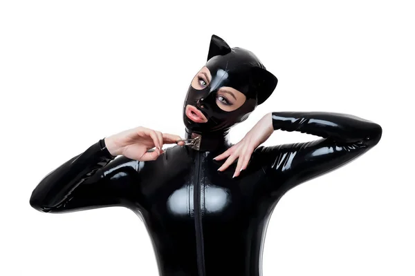 Hermosa Mujer Traje Gato Látex Con Máscara Cuello — Foto de Stock
