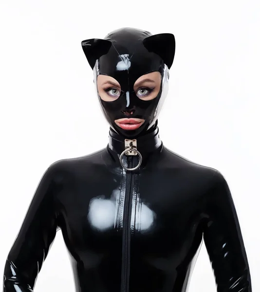 Mooie Vrouw Latex Catsuit Met Masker Halsband — Stockfoto