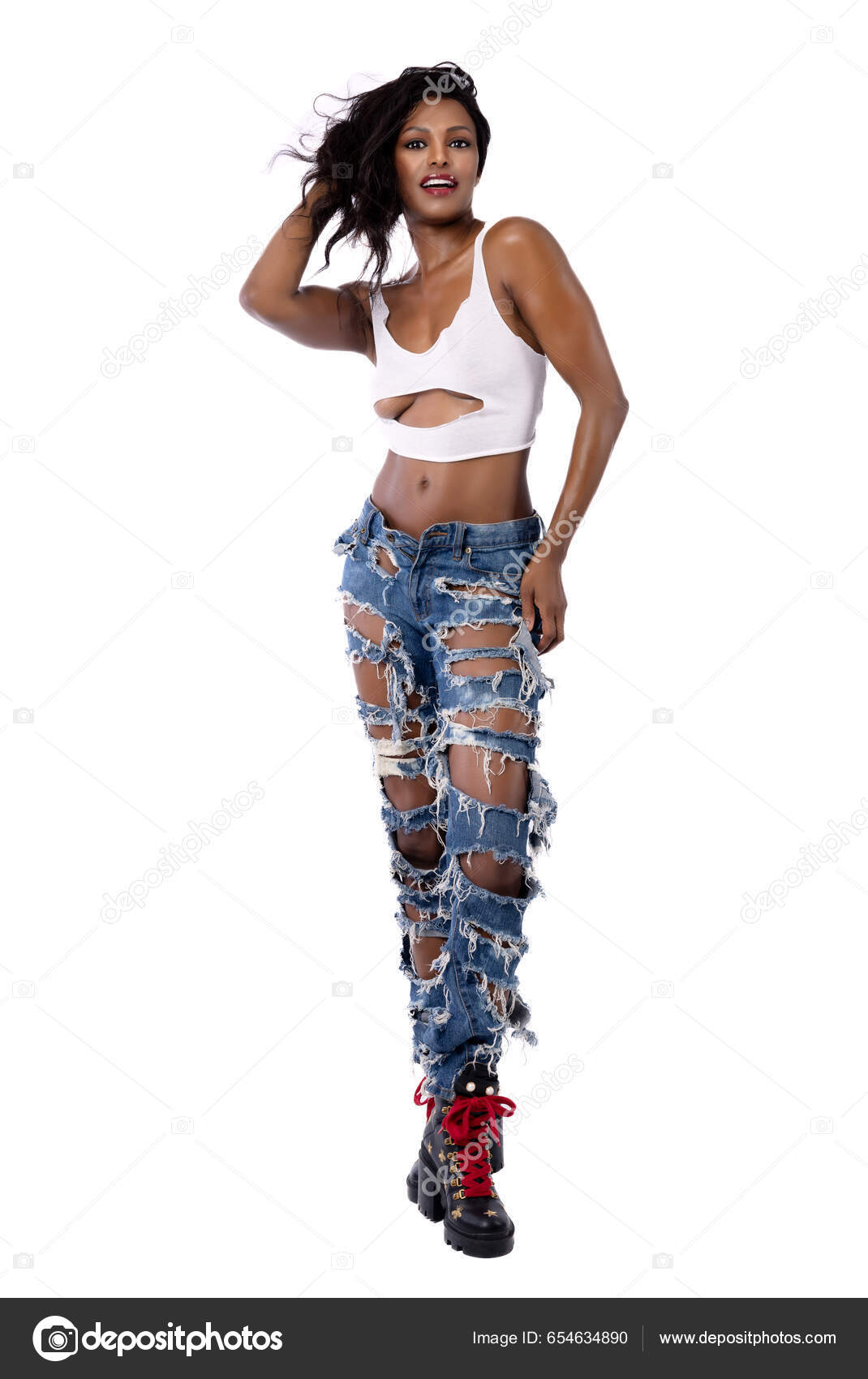 Full Lengde Vakre Sexy Svarte Kvinner Trange Jeans Topp Grunge – stockfoto  © flashpro16 #654634890