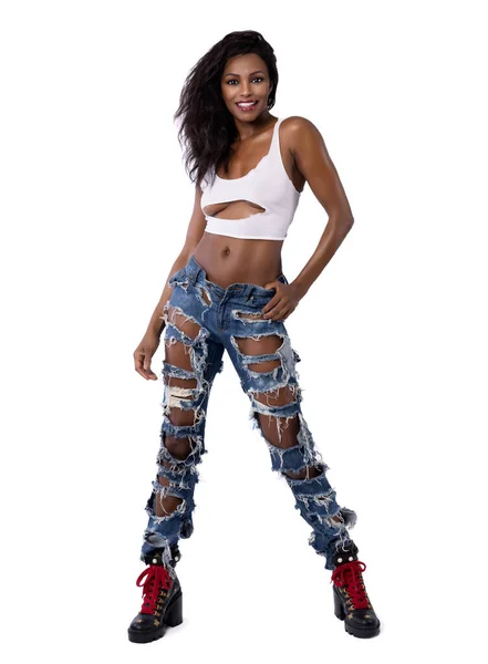 Comprimento Total Bela Mulher Negra Sexy Jeans Rasgados Top Tanque Imagens Royalty-Free