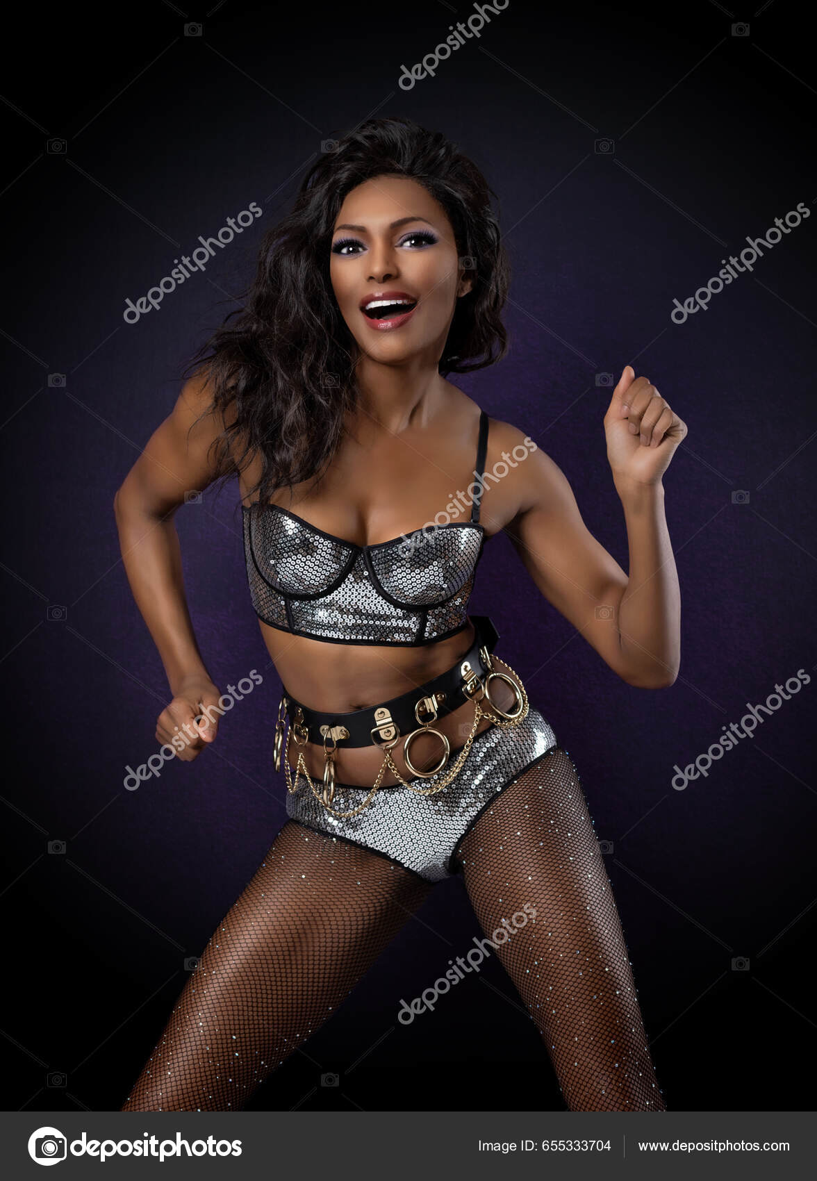 Stylish Beautiful Black Female Smiling Dancing Sexy Night Club Outfit Stock  Photo by ©flashpro16 655333704